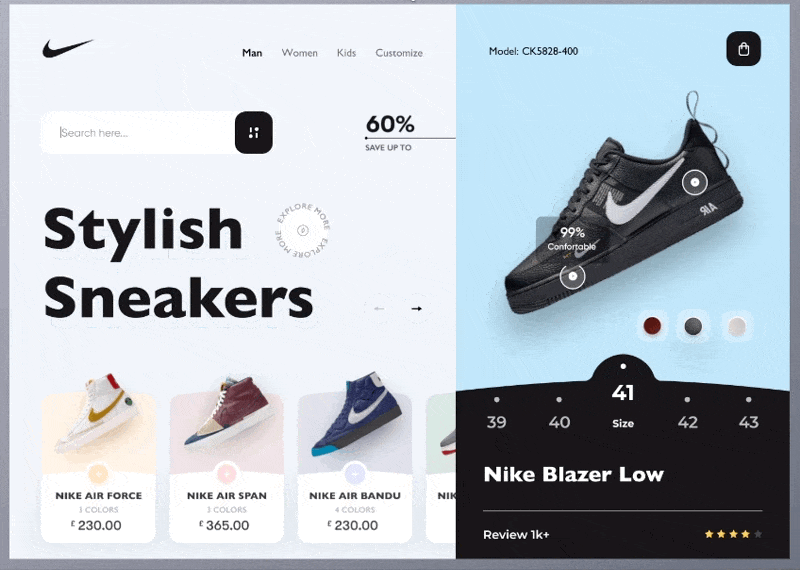 The Dribbble layout with the page animations as a gif